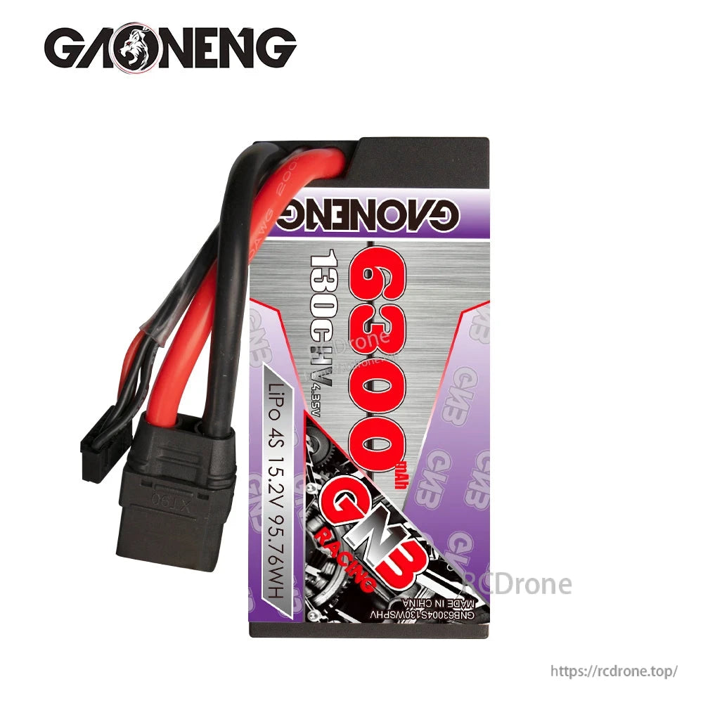 Top lead and connector view showing thick power wires and balance plug on GNB hard case pack