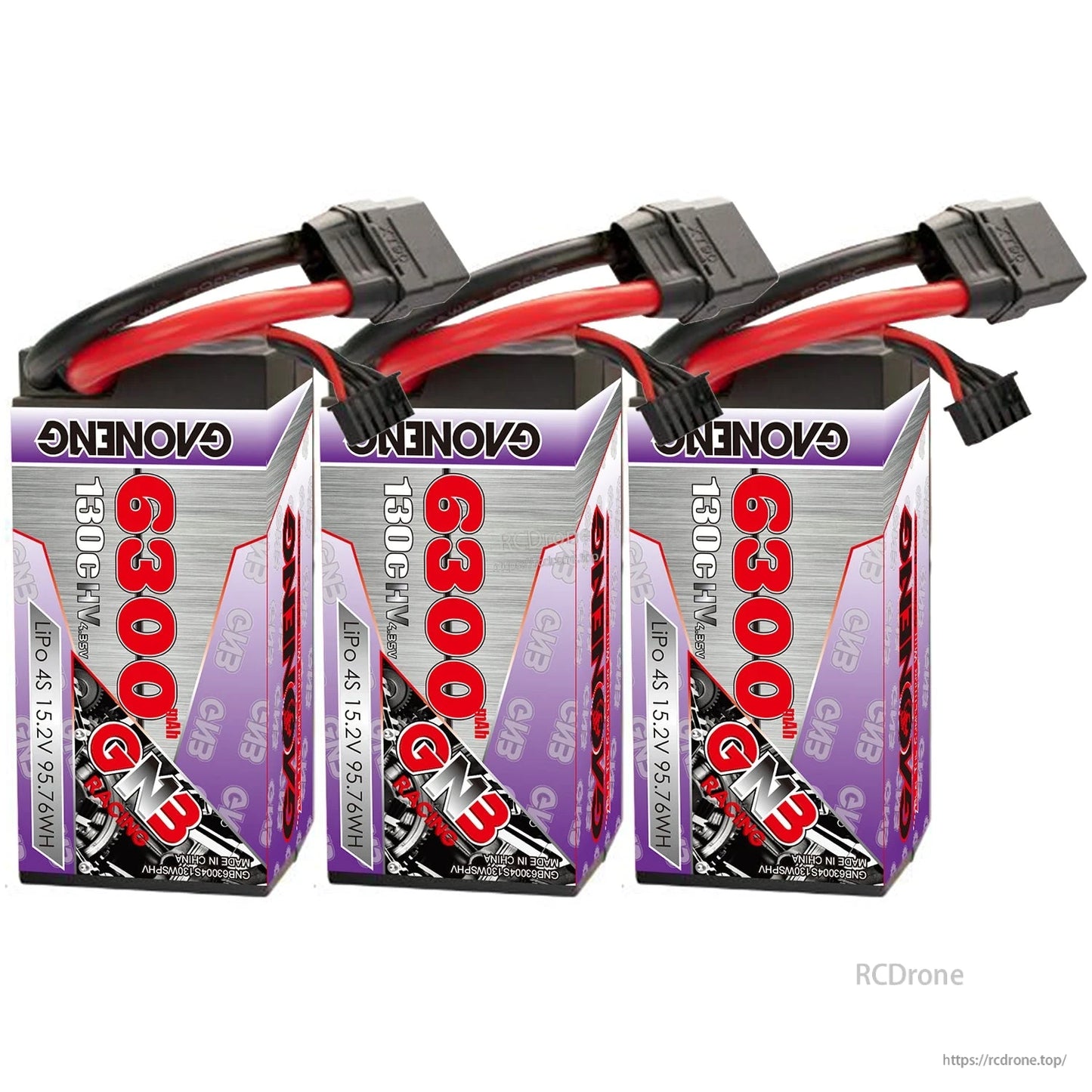 Three GAONENG GNB 6300mAh 4S LiHV hard case battery packs grouped with connectors visible
