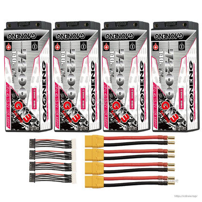 Four GNB 7200mAh 4S hard case batteries with yellow plug leads and four balance leads