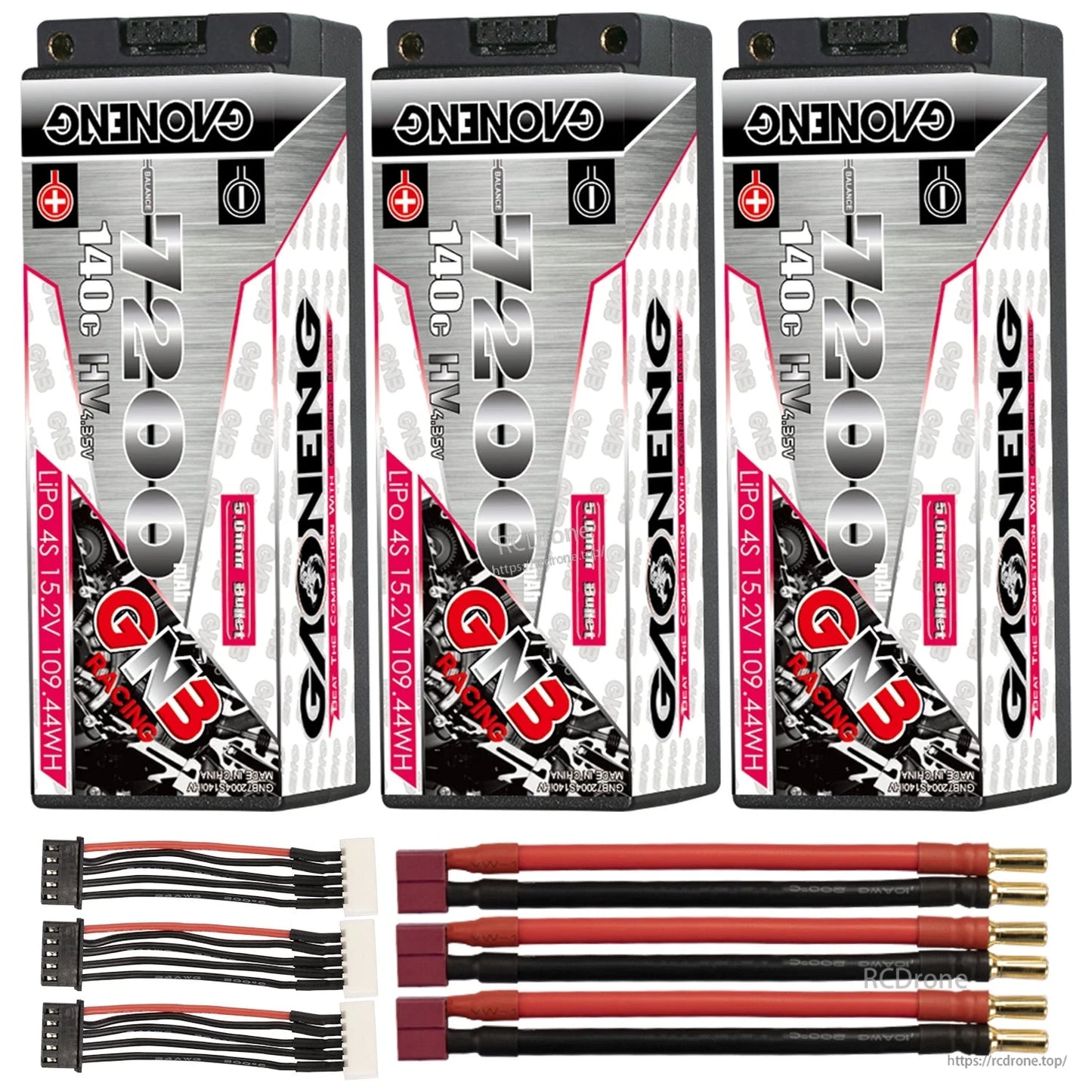 Three GNB 7200mAh 4S hard case batteries with red plug leads and three balance leads