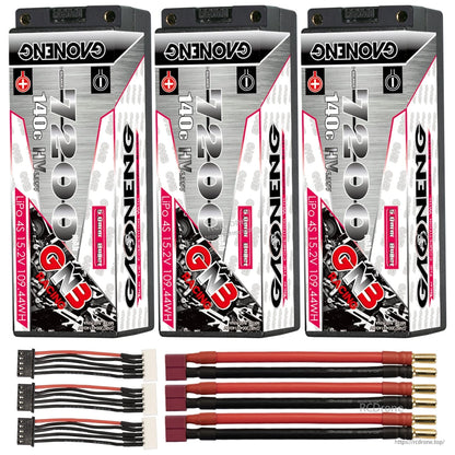 Three GNB 7200mAh 4S hard case batteries with red plug leads and three balance leads