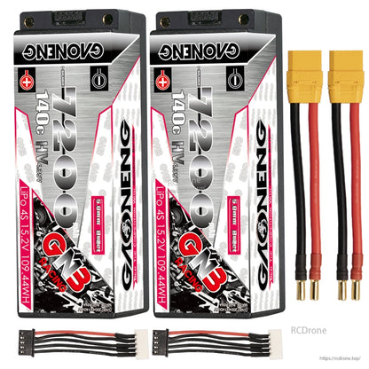 Two GNB 7200mAh 4S hard case batteries with yellow plug leads and two balance leads