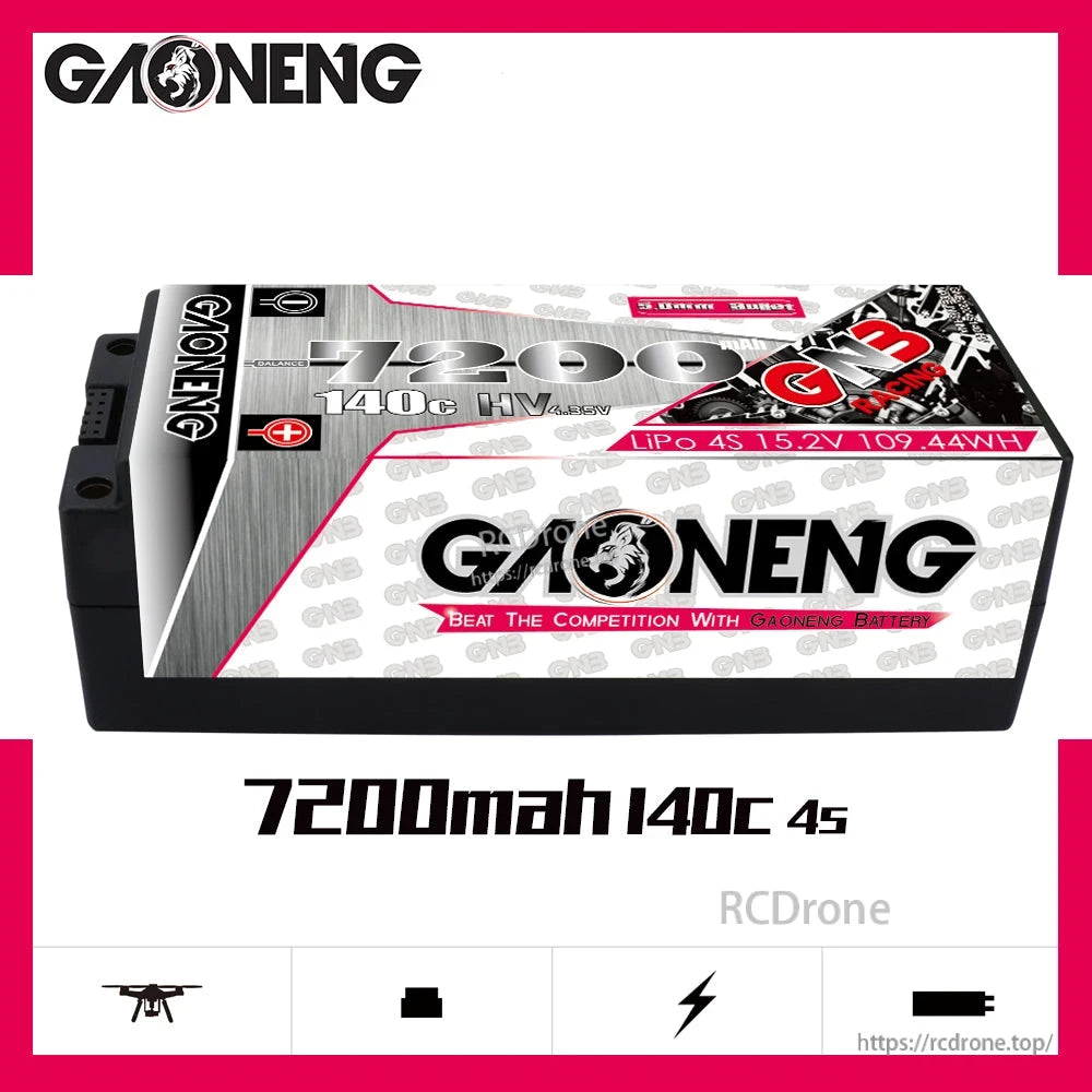 Side profile graphic of GNB 4S LiHV 7200mAh 140C hard case LiPo battery label