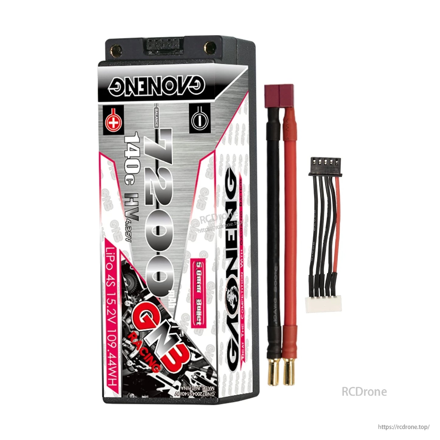 GNB 7200mAh 4S hard case battery with red plug lead, 5mm bullet ends, and balance connector
