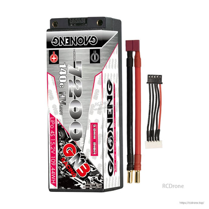 GNB 7200mAh 4S hard case battery with red plug lead, 5mm bullet ends, and balance connector