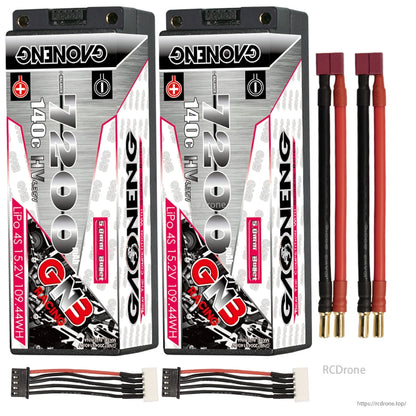 Two GNB 7200mAh 4S hard case batteries with red plug leads and two balance leads