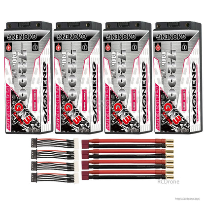 Four GNB 7200mAh 4S hard case batteries with red plug leads and four balance leads