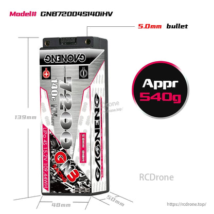 GNB72004S140LiHV battery size and weight chart with 5.0mm bullet note and approx 540g