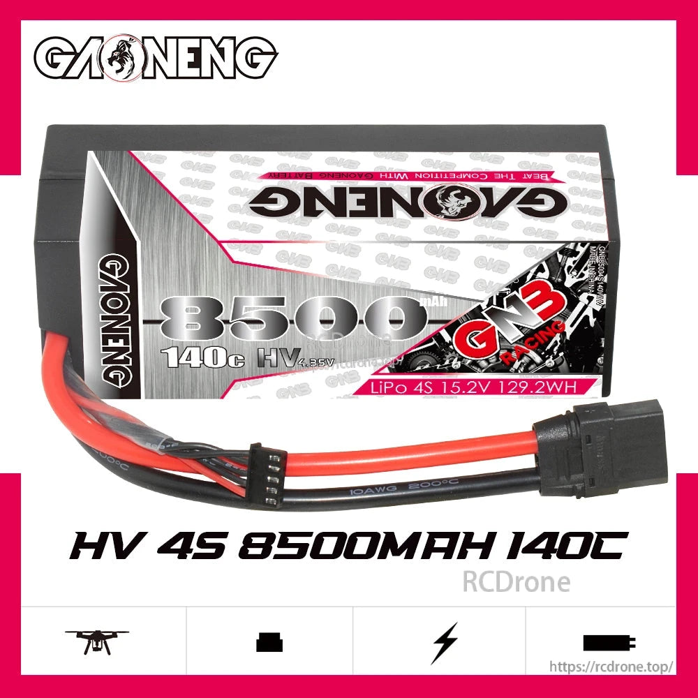 GAONENG GNB Racing HV 4S 8500mAh 140C LiHV battery label and lead wires on white background