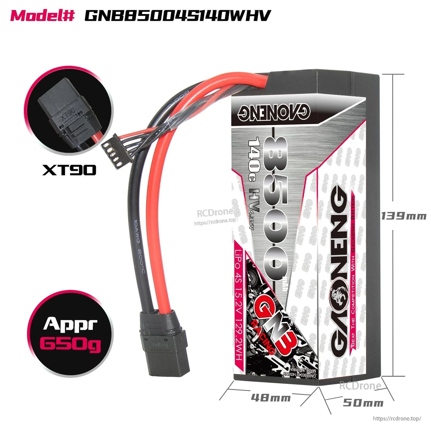 GNB 8500 4S 140C HV battery size diagram 139×50×48mm with XT90 connector and approx 650g