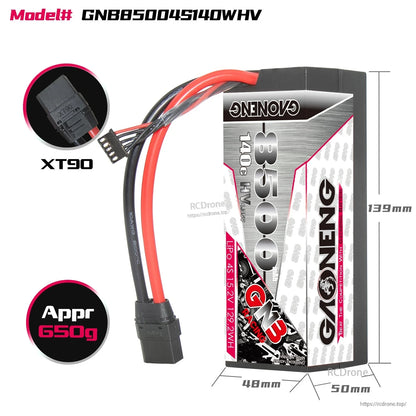 GNB 8500 4S 140C HV battery size diagram 139×50×48mm with XT90 connector and approx 650g