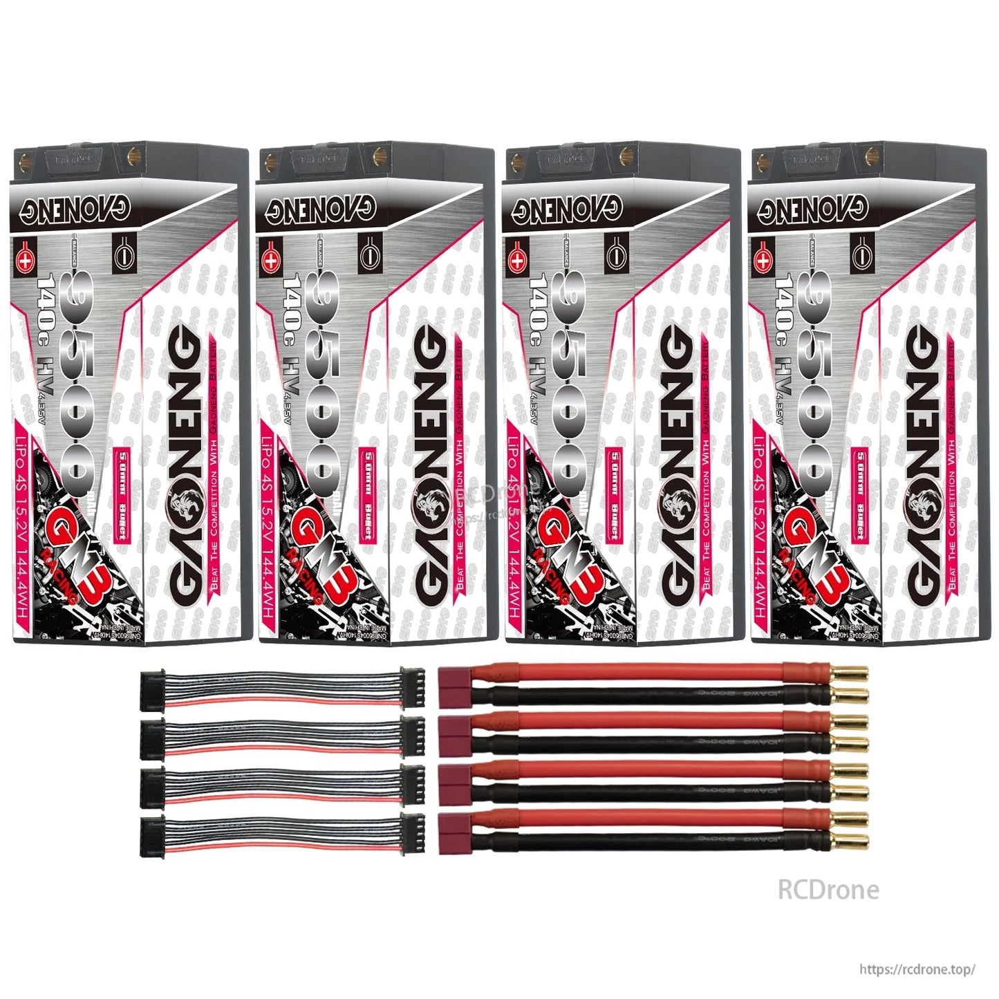 Four batteries with four red T-style plug to 5mm bullet leads and four balance leads (bundle layout)
