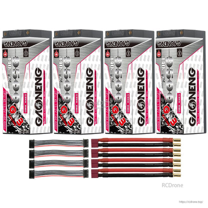Four batteries with four red T-style plug to 5mm bullet leads and four balance leads (bundle layout)