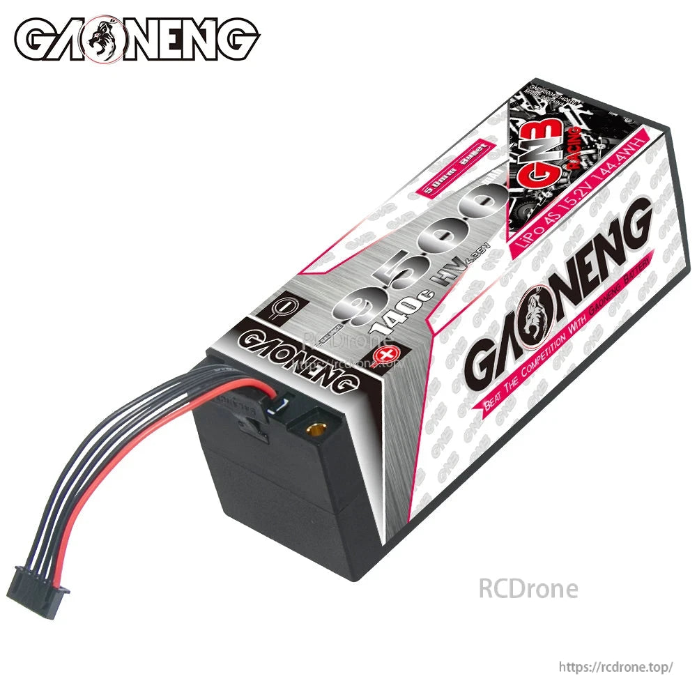 Side view showing built-in balance lead exiting GAONENG GNB hard case LiPo battery