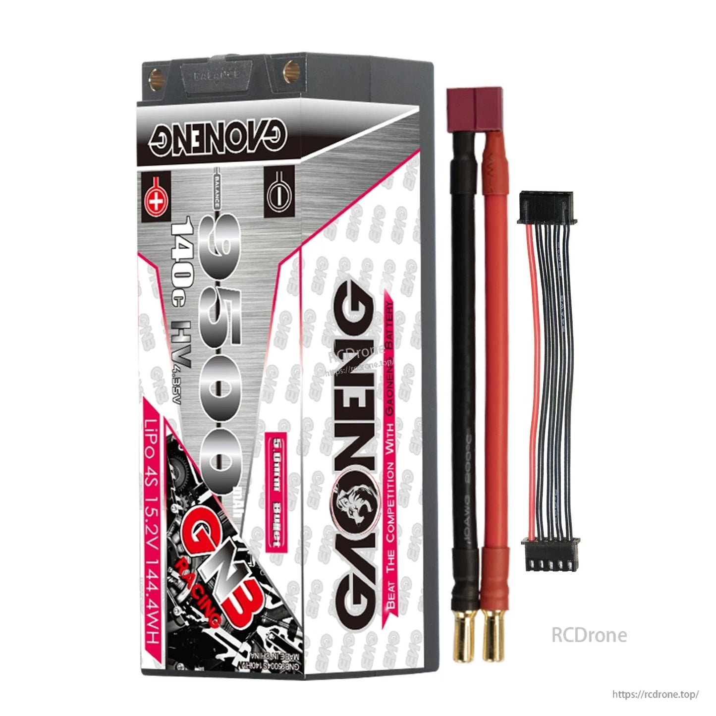 GNB 4S 9500mAh battery with red T-style plug to 5mm bullet lead and separate balance lead