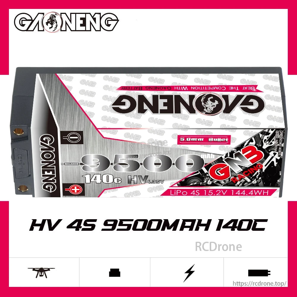 GAONENG GNB HV 4S 9500mAh 140C battery marketing graphic showing 15.2V LiPo 4S labeling