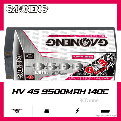 GAONENG GNB HV 4S 9500mAh 140C battery marketing graphic showing 15.2V LiPo 4S labeling