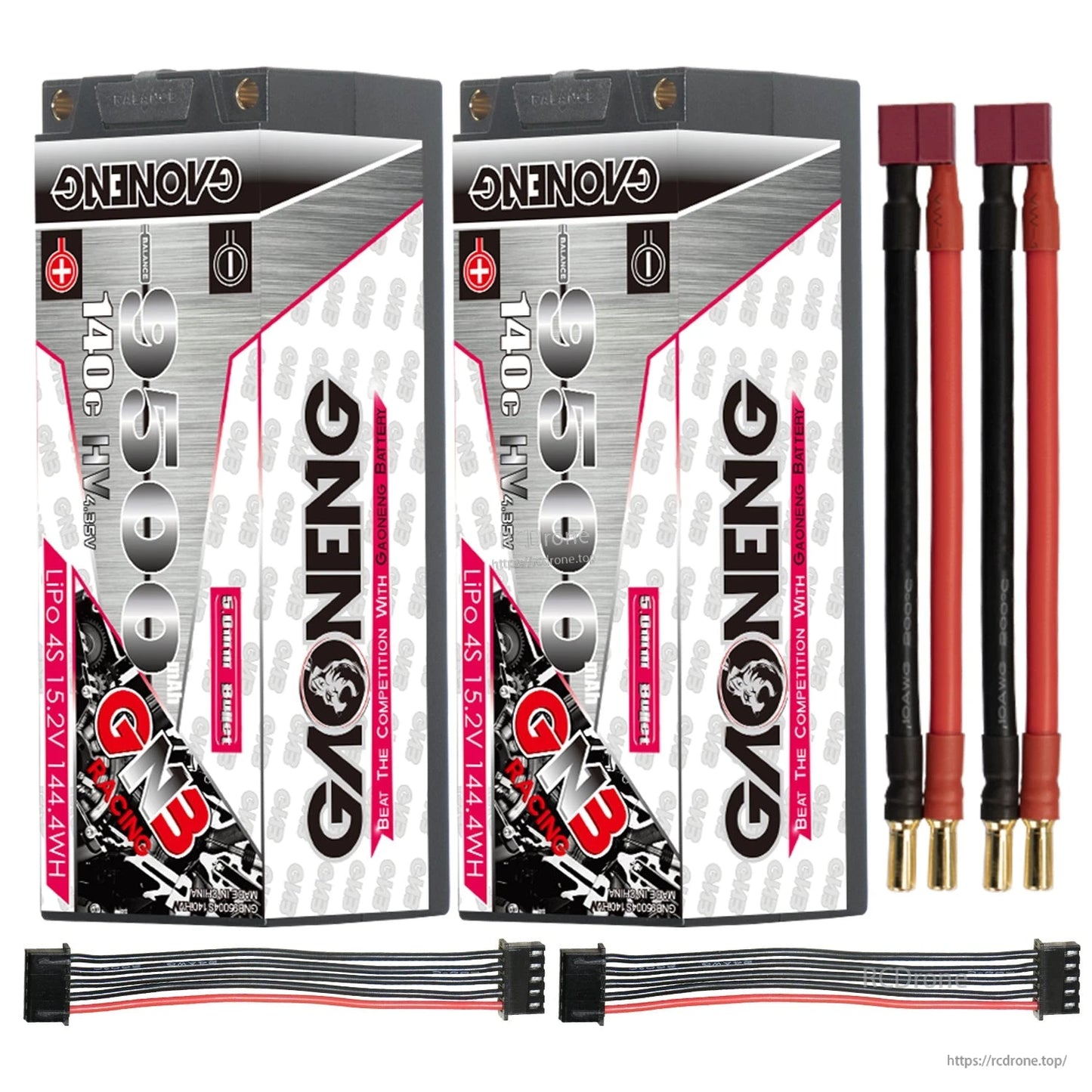 Two batteries with two red T-style plug to 5mm bullet leads and two balance leads (bundle layout)