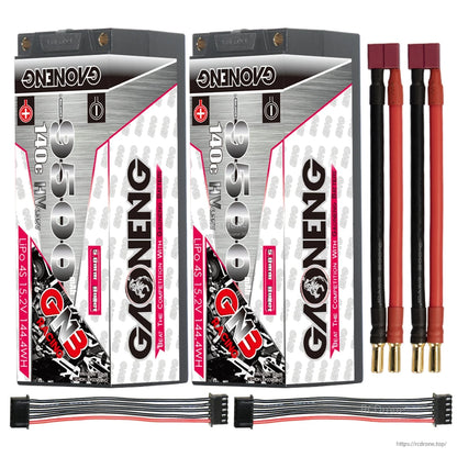 Two batteries with two red T-style plug to 5mm bullet leads and two balance leads (bundle layout)