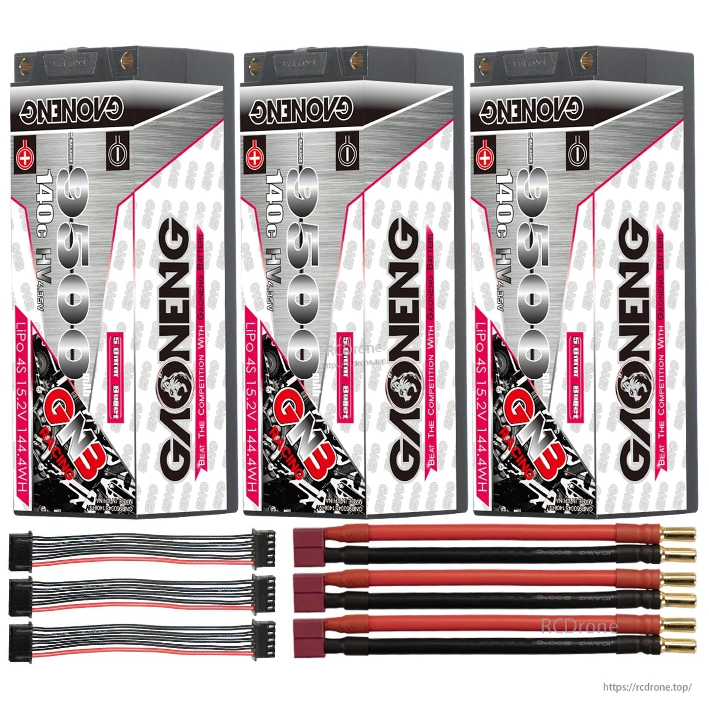 Three batteries with three red T-style plug to 5mm bullet leads and three balance leads (bundle layout)