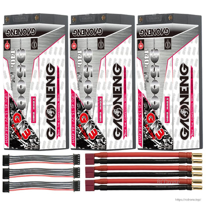 Three batteries with three red T-style plug to 5mm bullet leads and three balance leads (bundle layout)