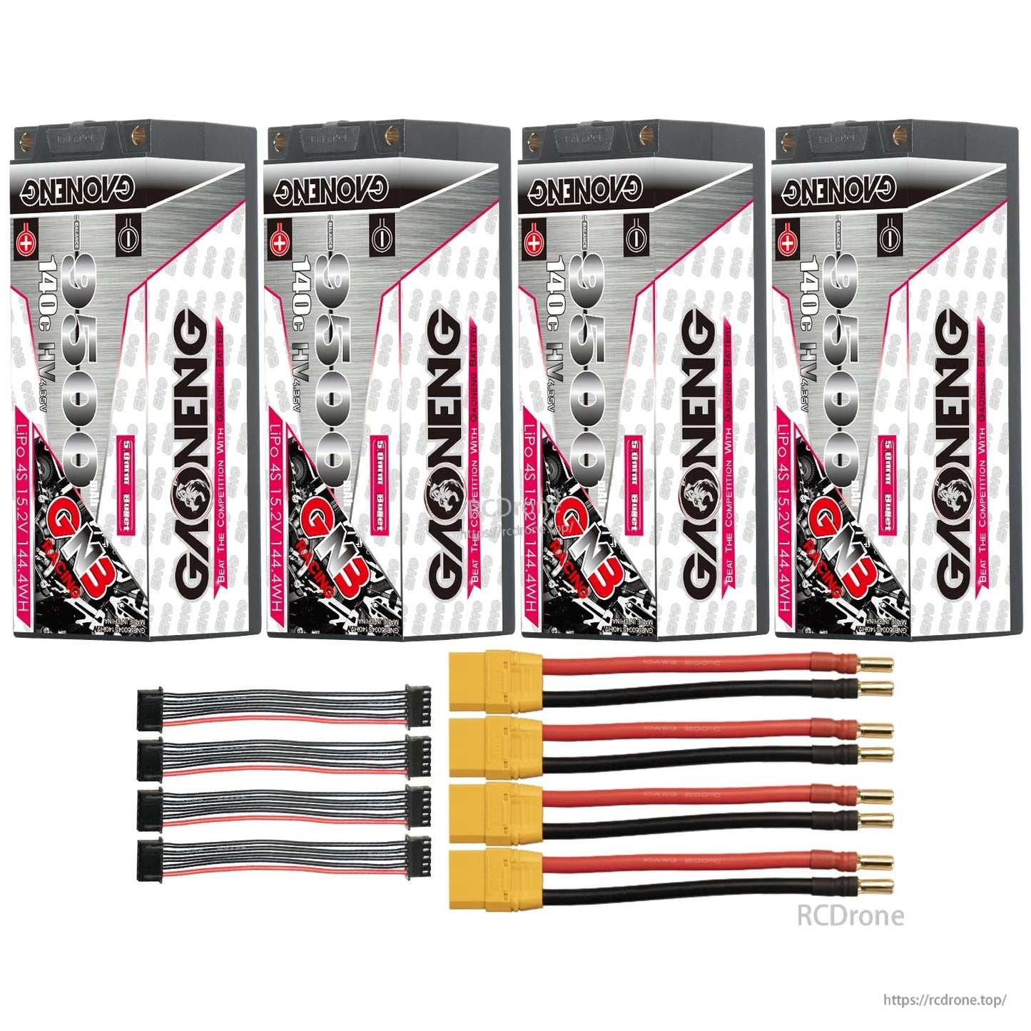 Four batteries shown with four yellow-plug 5mm bullet leads and four balance leads (bundle layout)