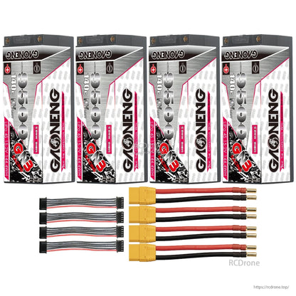 Four batteries shown with four yellow-plug 5mm bullet leads and four balance leads (bundle layout)