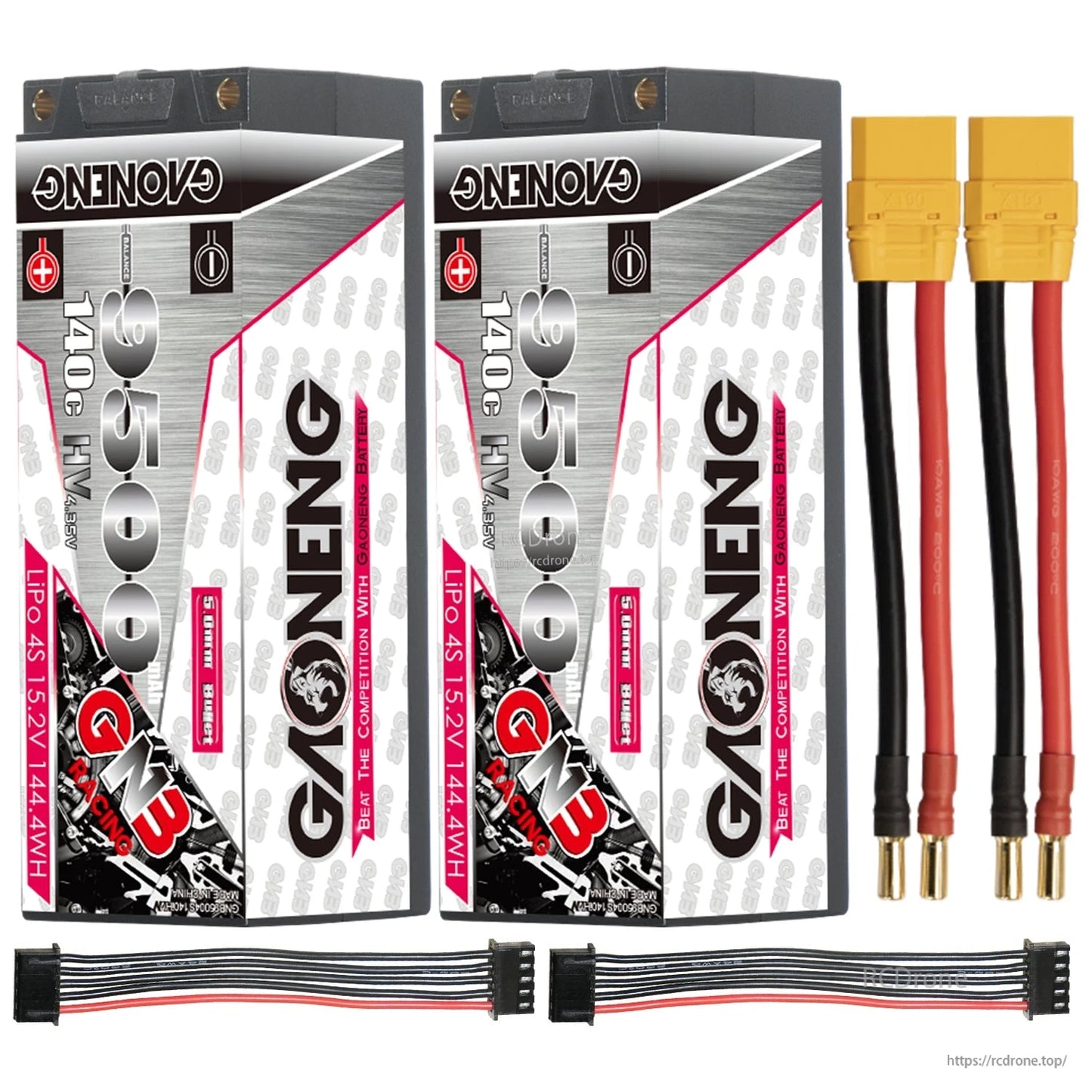 Two-pack layout: two GNB 9500mAh batteries with two 5mm bullet power leads and two balance leads