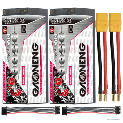 Two-pack layout: two GNB 9500mAh batteries with two 5mm bullet power leads and two balance leads