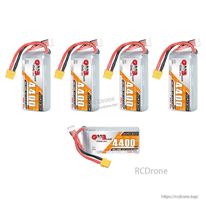 Set layout showing four upright GNB 4400 batteries plus one horizontal battery with XT60 lead