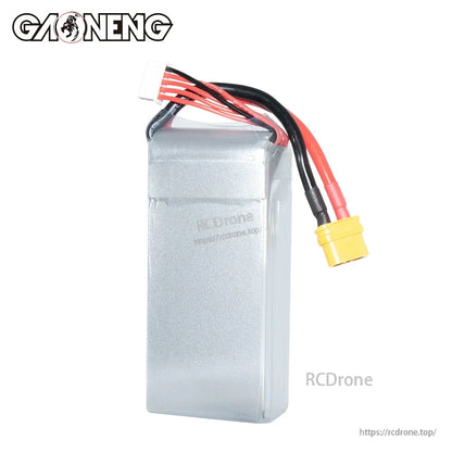 Rear view of silver LiPo battery pack showing plain side, XT60 power lead and white balance plug