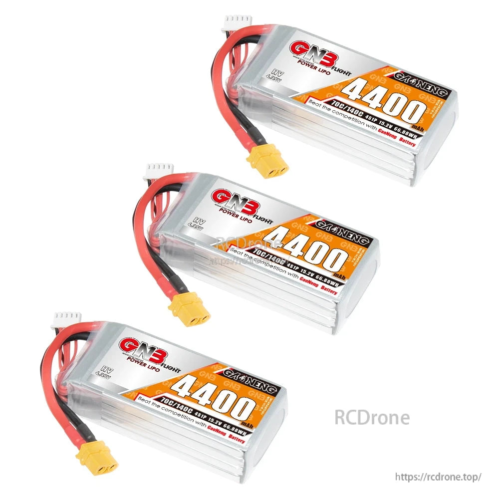 Three-pack display of GNB 4400mAh HV LiPo batteries with XT60 connectors, arranged diagonally