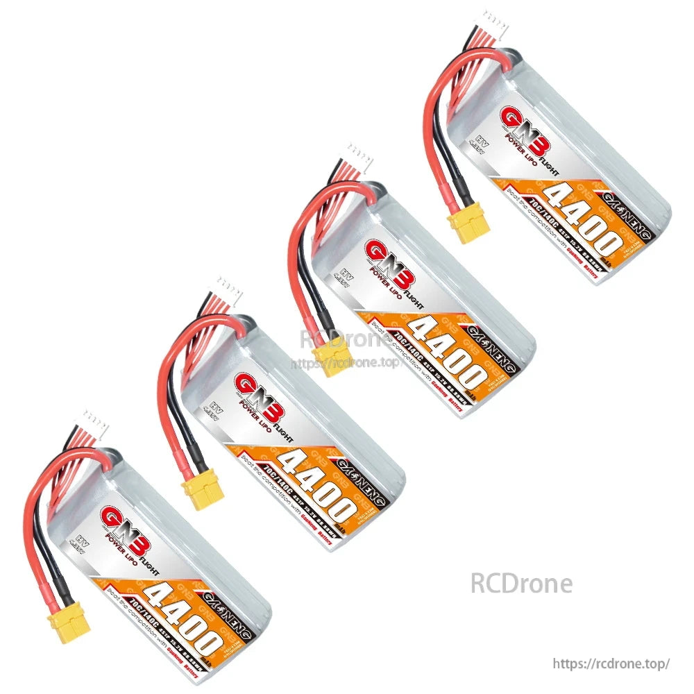 Four GNB 4400mAh HV LiPo batteries with XT60 leads, shown as a set on white background