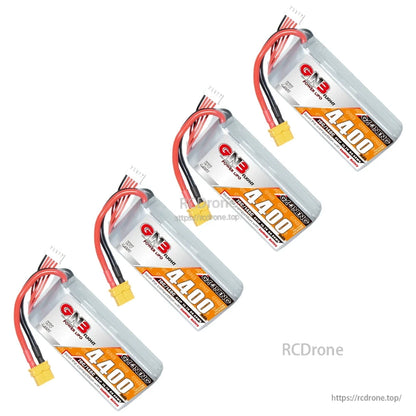 Four GNB 4400mAh HV LiPo batteries with XT60 leads, shown as a set on white background