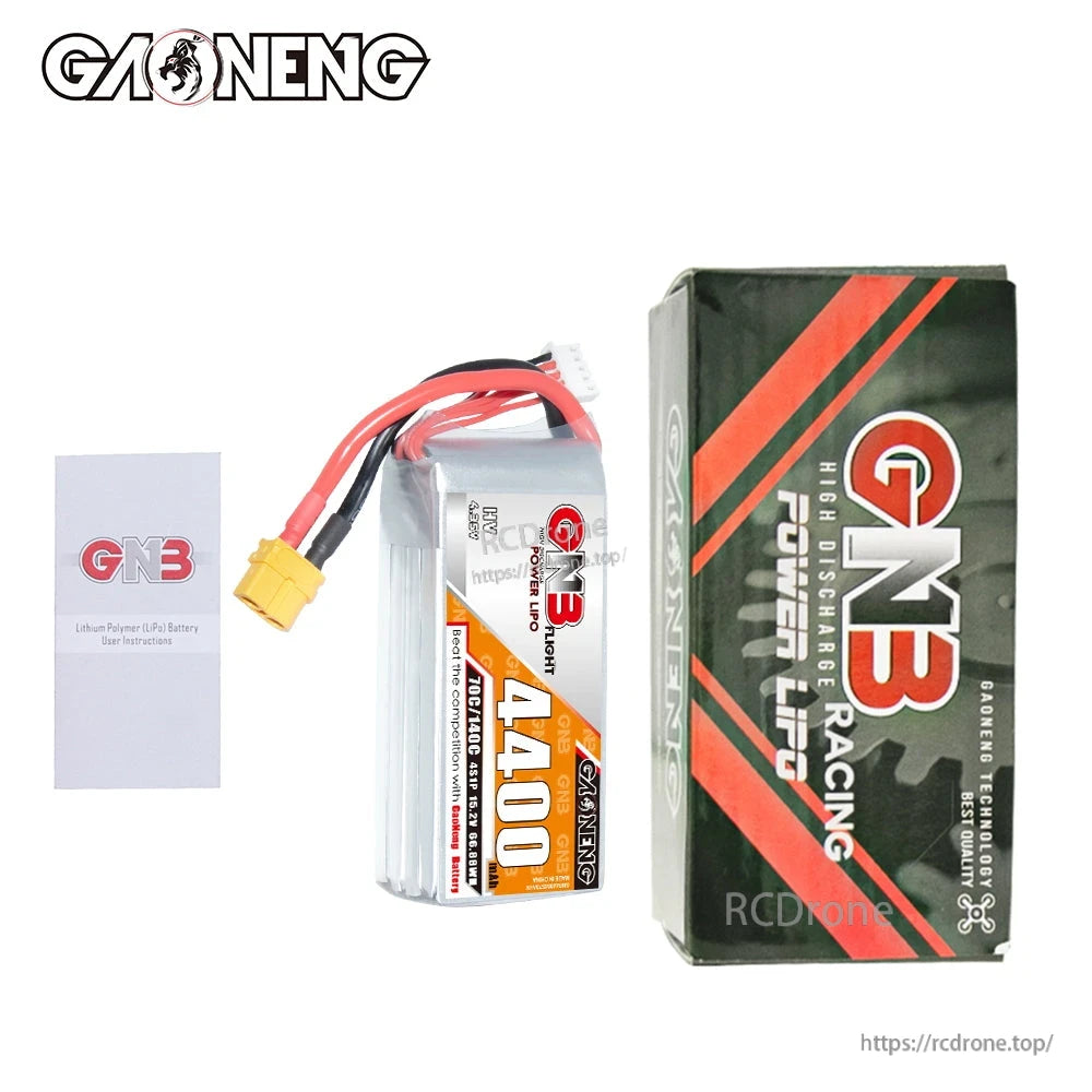 Package contents: GNB 4400 battery pack with XT60 lead, retail box, and included leaflet