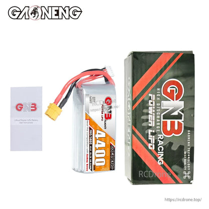 Package contents: GNB 4400 battery pack with XT60 lead, retail box, and included leaflet