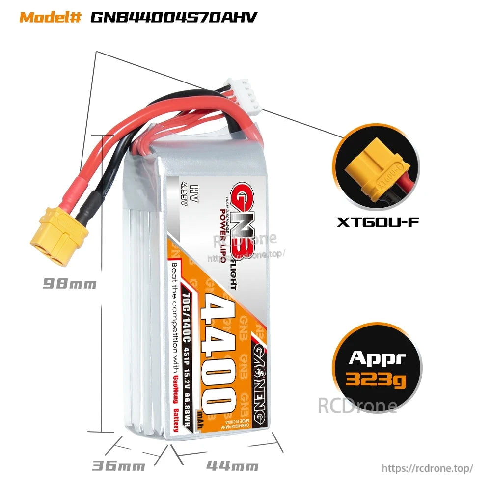 Battery size and weight diagram showing dimensions and XT60U-F connector callout (model GNB44004570AHV)