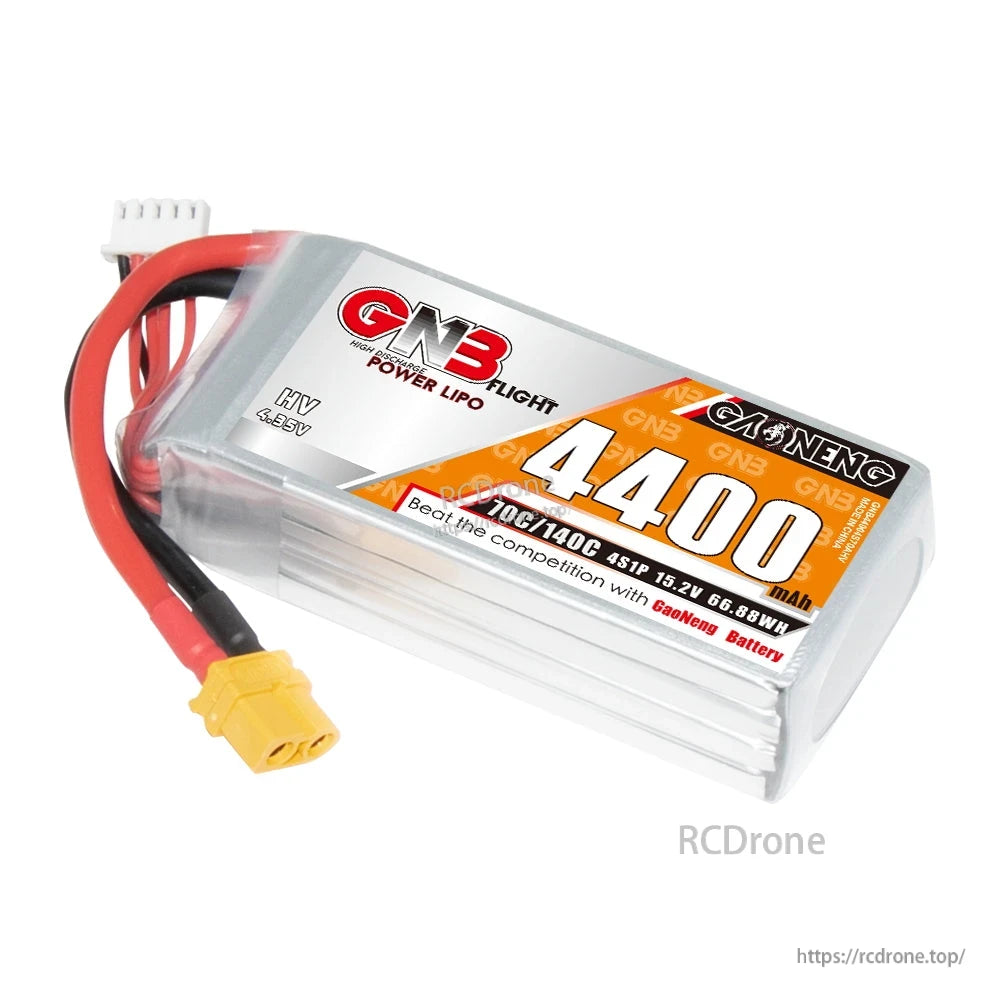 Angled side view of 4400mAh HV LiPo battery showing label, stacked cell profile, and XT60 lead