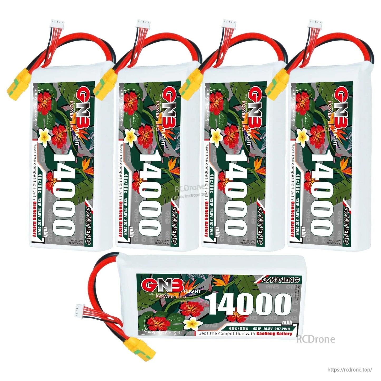 Five-battery set display: four upright and one horizontal GNB 14000mAh packs with XT90S leads