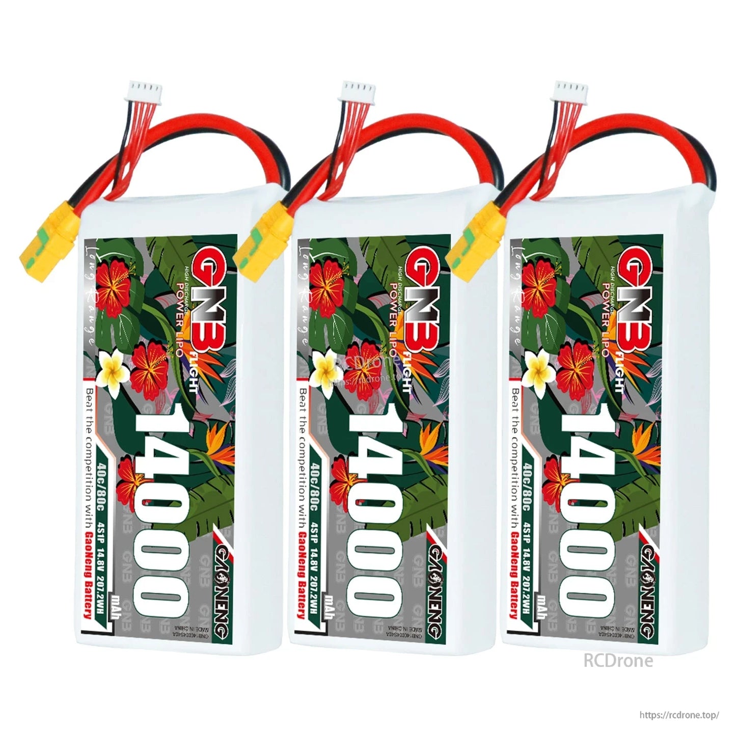 Three GNB 14000mAh batteries lineup with XT90S connectors and balance leads
