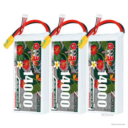Three GNB 14000mAh batteries lineup with XT90S connectors and balance leads