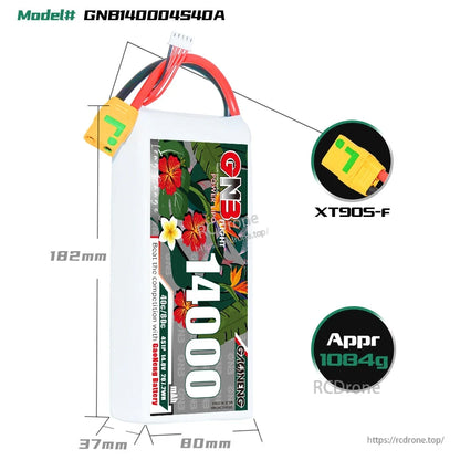 GNB140004S40A battery size diagram with dimensions 182×80×37 mm and XT90S-F connector callout
