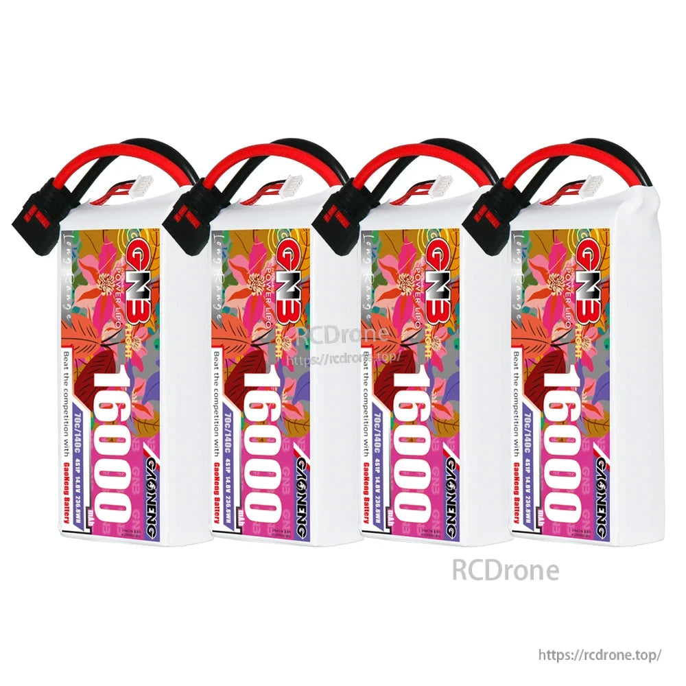 Four GNB 16000mAh LiPo batteries lined up upright with QS8 leads, front label comparison view