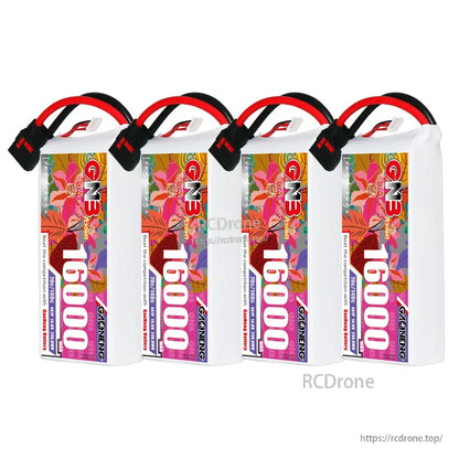 Four GNB 16000mAh LiPo batteries lined up upright with QS8 leads, front label comparison view