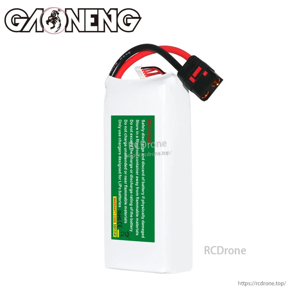 Rear side of GAONENG battery showing green safety/handling label and QS8 discharge connector