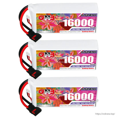 Three GNB 16000mAh LiPo batteries stacked horizontally, labels facing forward, QS8 connectors