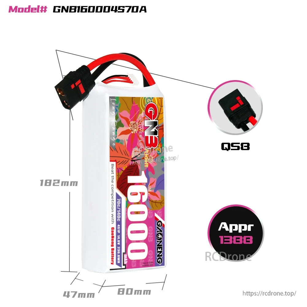 GNB16000 4S battery size diagram with dimensions and QS8 connector close-up, approx weight shown
