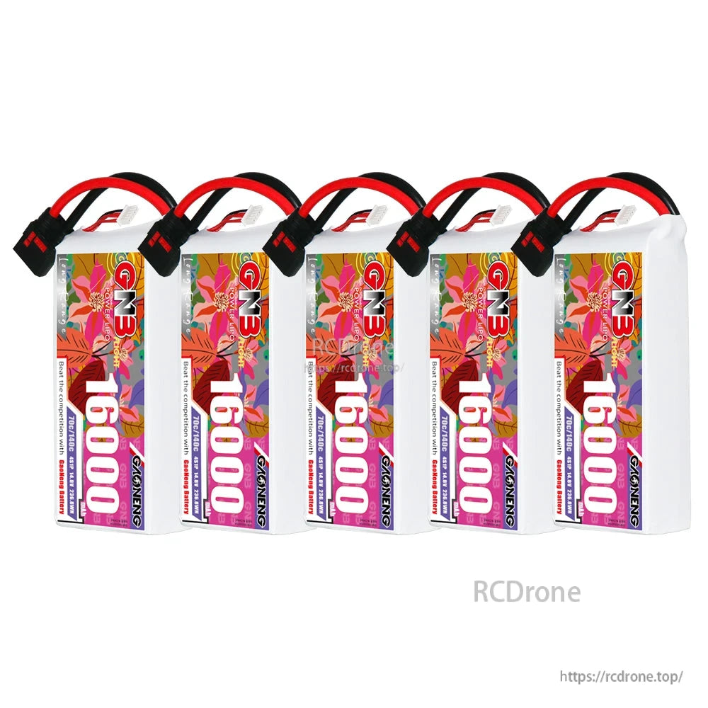 Five GNB 16000mAh LiPo batteries in a row, upright front labels and QS8 discharge leads shown