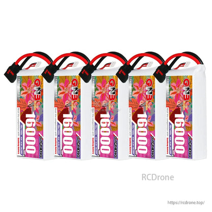 Five GNB 16000mAh LiPo batteries in a row, upright front labels and QS8 discharge leads shown