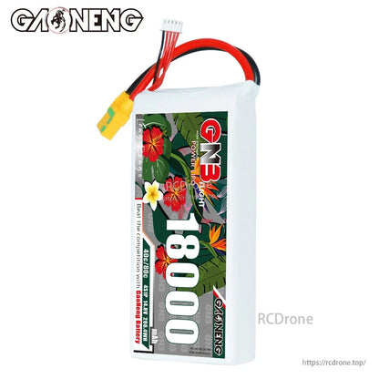 GAONENG GNB 18000 battery front label in vertical orientation with leads and XT90S plug